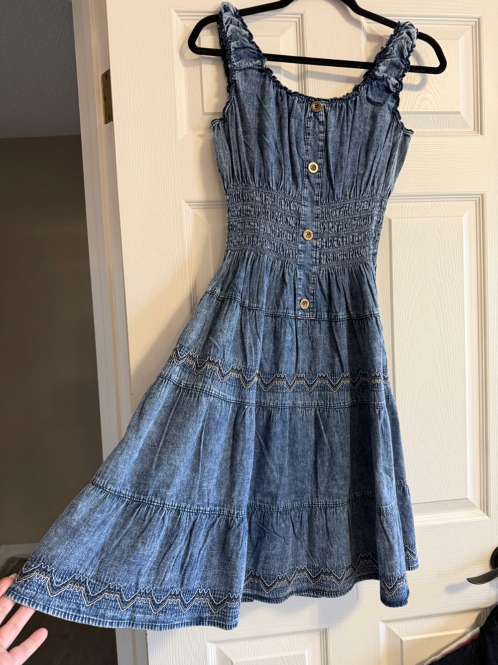 Girls Blue Denim Tiered Sundress with Button Front